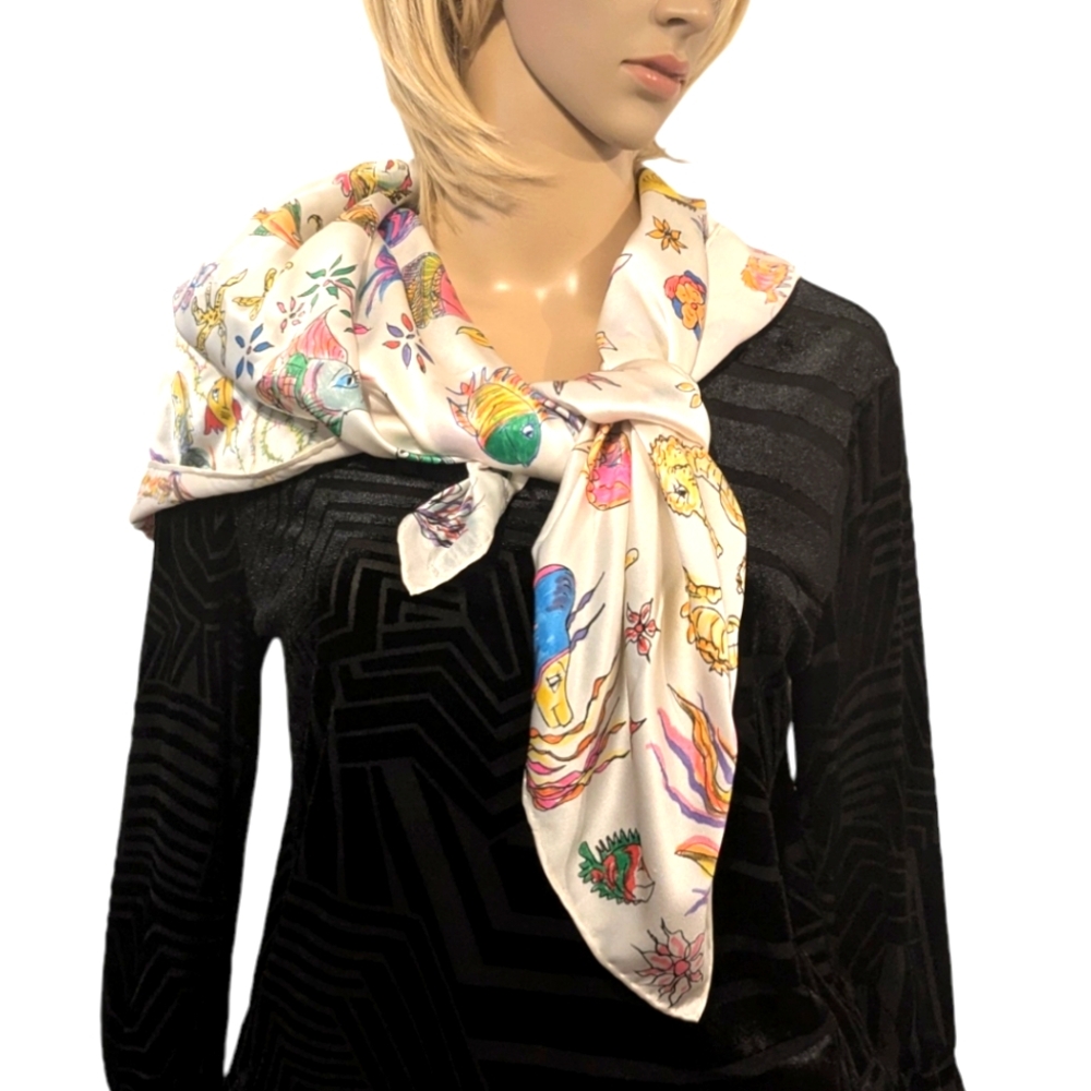 Hand painted signed silk/Satin scarf tropical fish one of a kind Original Spring - Picture 12 of 16
